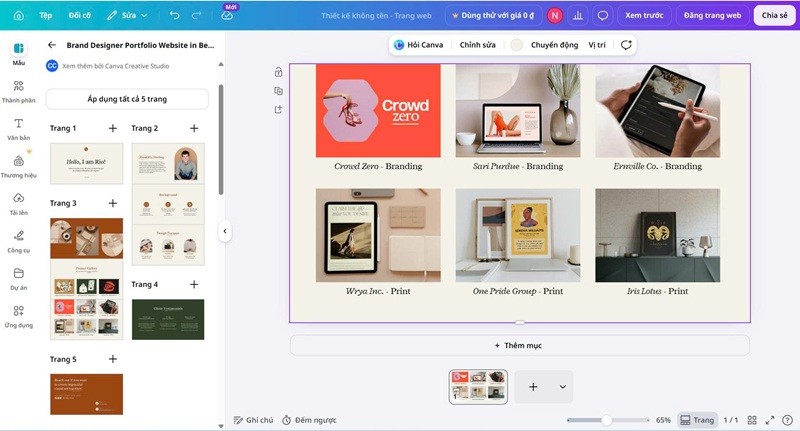 Giao diện Canva hỗ trợ tạo website và landing page đơn giản 