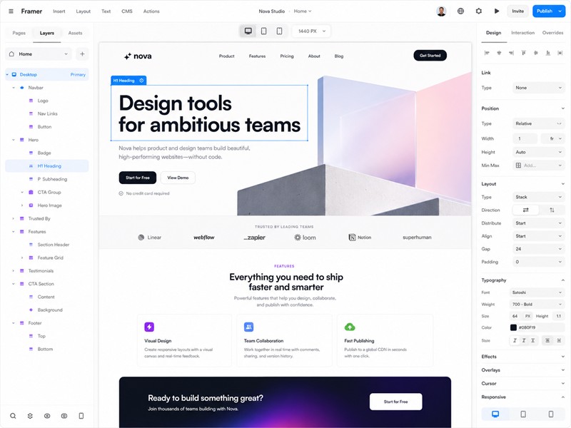 Giao diện công cụ tạo website Framer