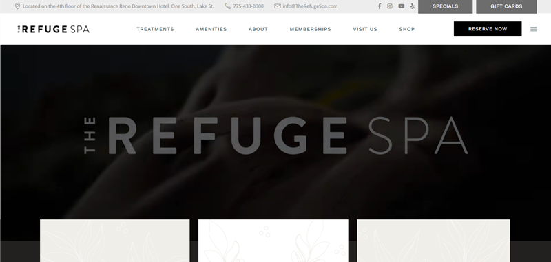 Mẫu website spa The Refuge Spa có nút đặt lịch rõ ràng