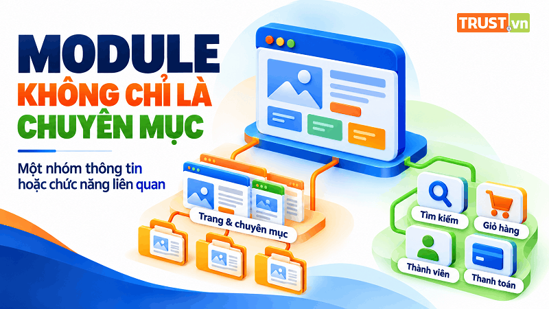 Module gồm trang chuyên mục và các chức năng tìm kiếm, giỏ hàng, thành viên, thanh toán